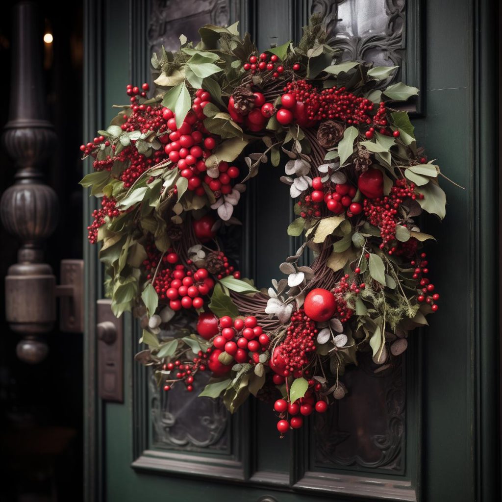 a wreath with lush greenery, red berries, red apples and dark branches
