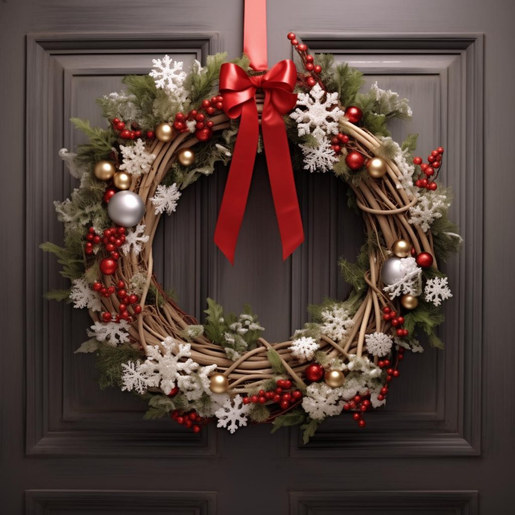 Featuring beige branches and conifer leaves, this winter forest-inspired wreath is highlighted by frosty snowflake decor, berries and a mix of baubles