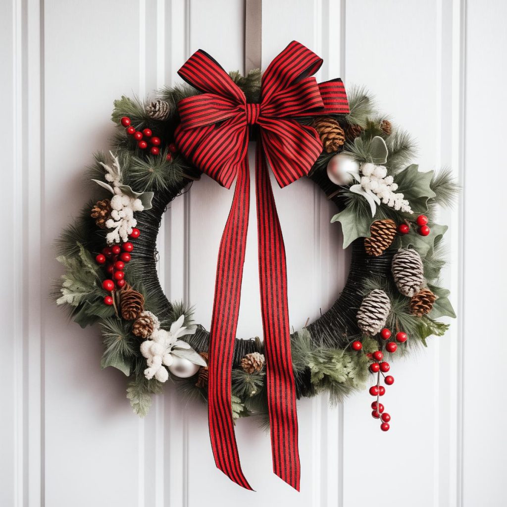 This wire-wrapped wreath creates a forest-inspired aesthetic and showcases a harmony of brown and matte white pine cones, silver baubles and red berries.