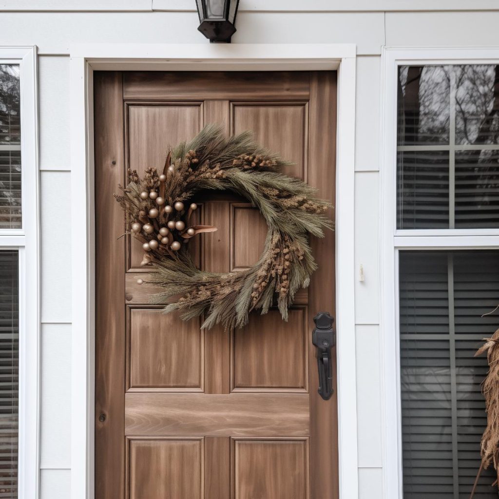 dried flora and sharp fir on an organic fall wreath base with shiny bronze balls