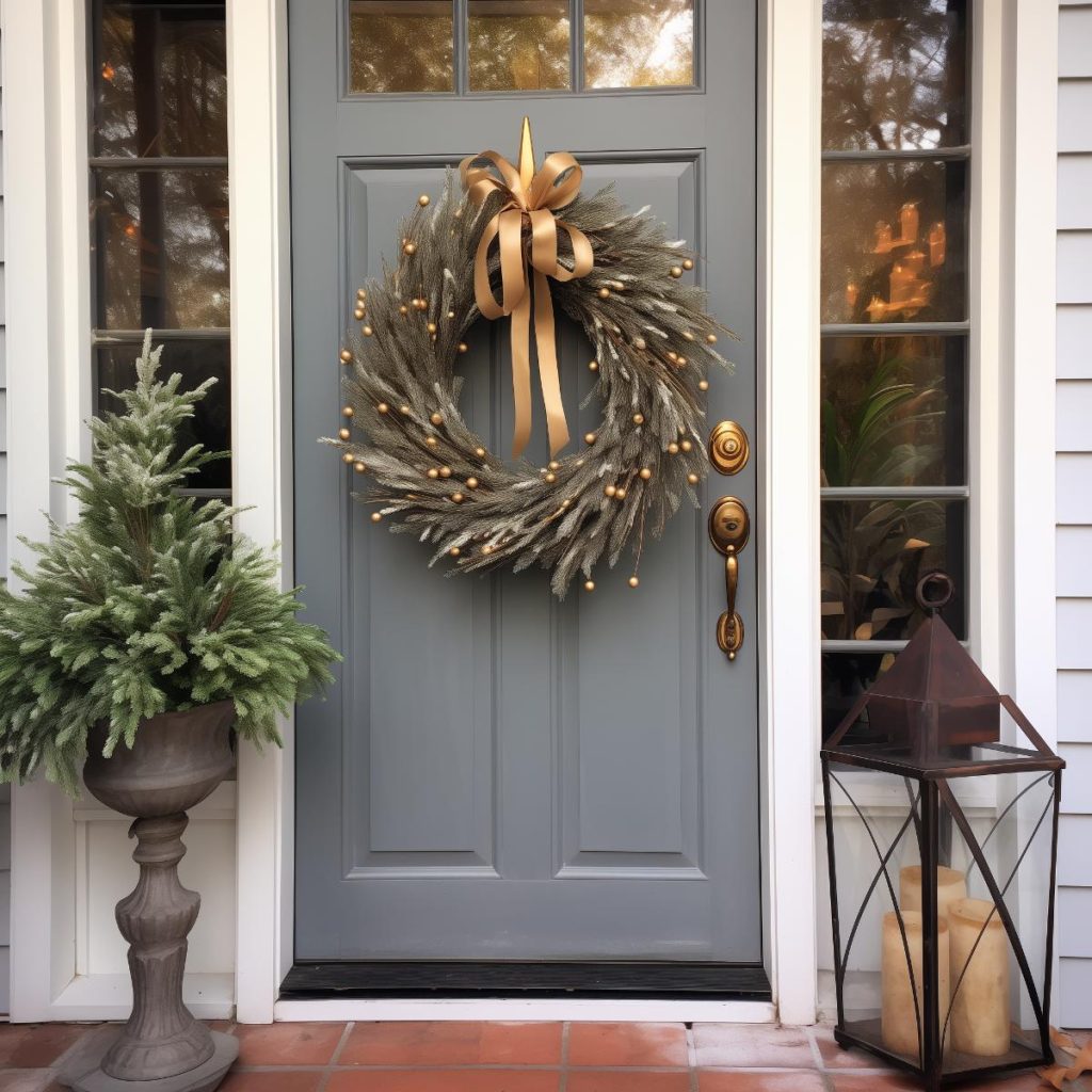 Farmhouse wreath idea with evergreen pine leaves peppered with tiny bronze balls for decoration