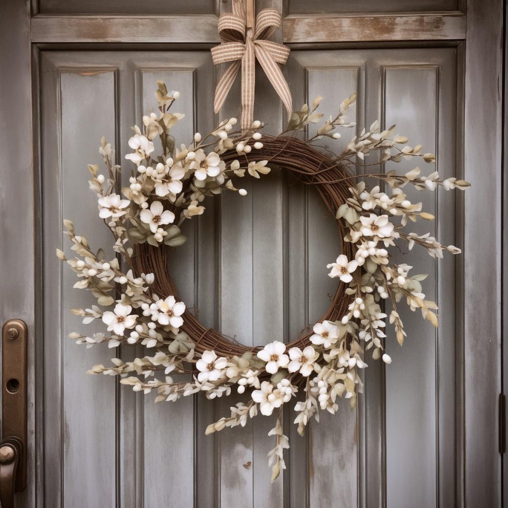 Grapevine wreath with open flowers and small buds in creamy white