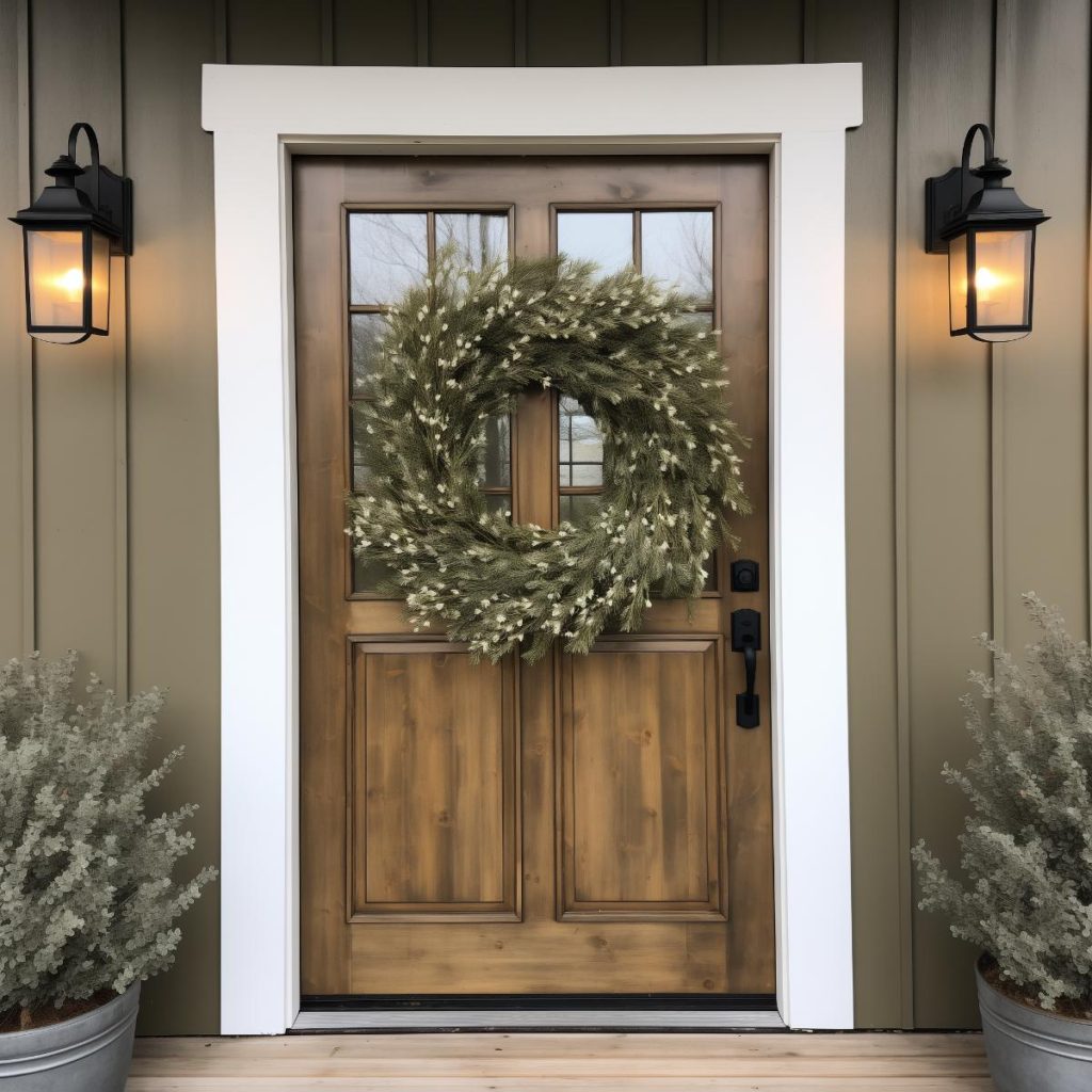 Pine leaves with tiny white flowers on a wreath