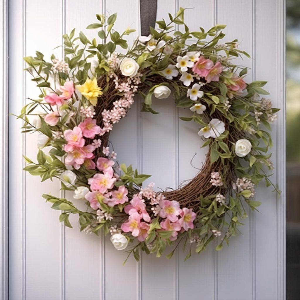 Spring wreath with pink flowers, wild leaves, large white flowers and small clusters of flowers on a light door