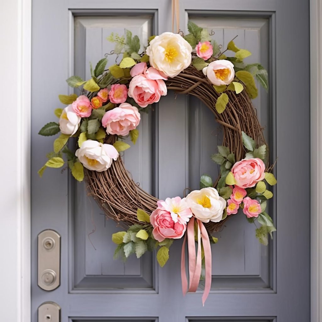 Spring wreath with leaves and pink and white peonies