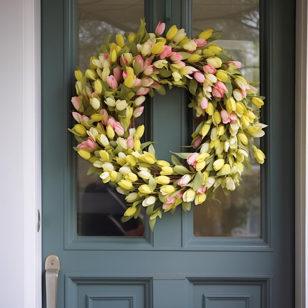 Spring wreath with yellow and pink tulips and green leaves