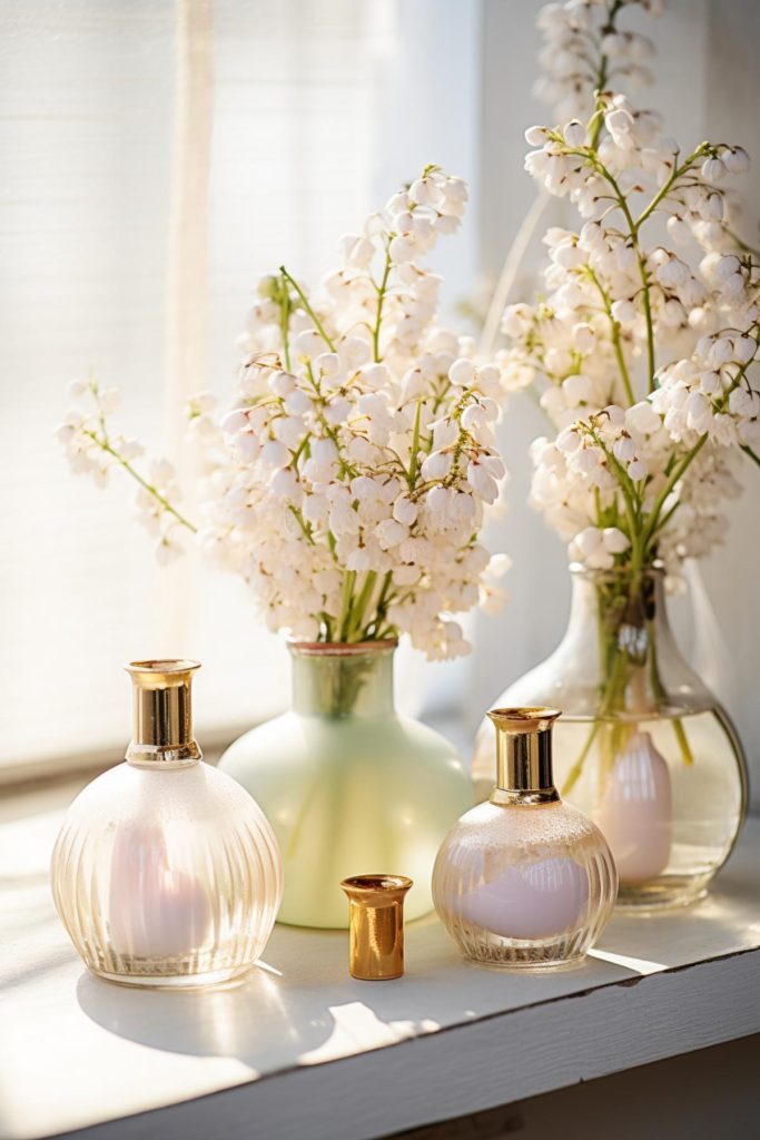 Breathe in the scent of spring renewal by decorating your space with high-quality glass perfume bottles and cotton flowers in jars.