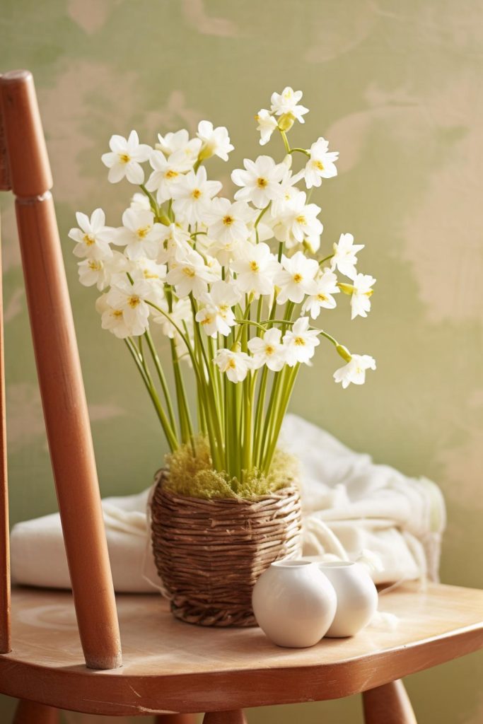 Fill a dark brown rattan vase with bright white daffodils, accented by two small white glasses. The result? A tapestry of natural textures and spring joy.