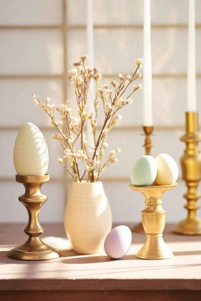 Dainty white flowers in a white ceramic vase and pastel Easter eggs create a vibrant look, while gold candlesticks create an elegant atmosphere.
