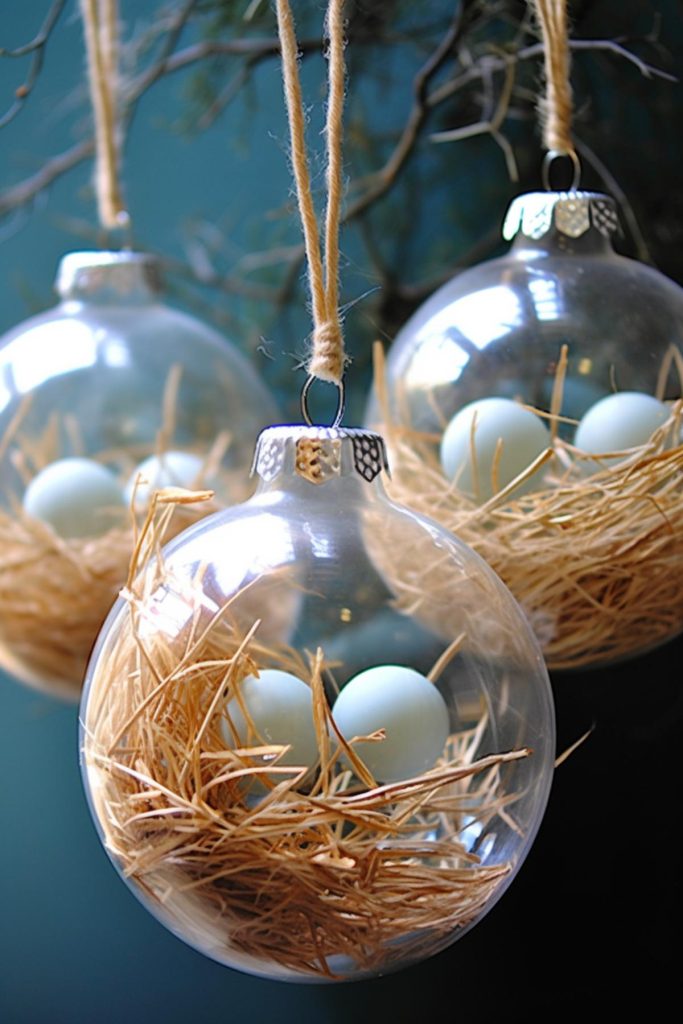 Hanging from jute strings, these decorative balls house blue Easter eggs buried in rustic straw, imitating small nests.
