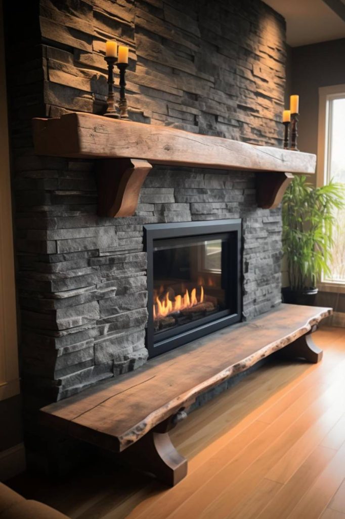 A modern stone fireplace with a wooden mantel, lit candles above, a lit fire and a wooden bench below. To the right of the fireplace is a potted plant.