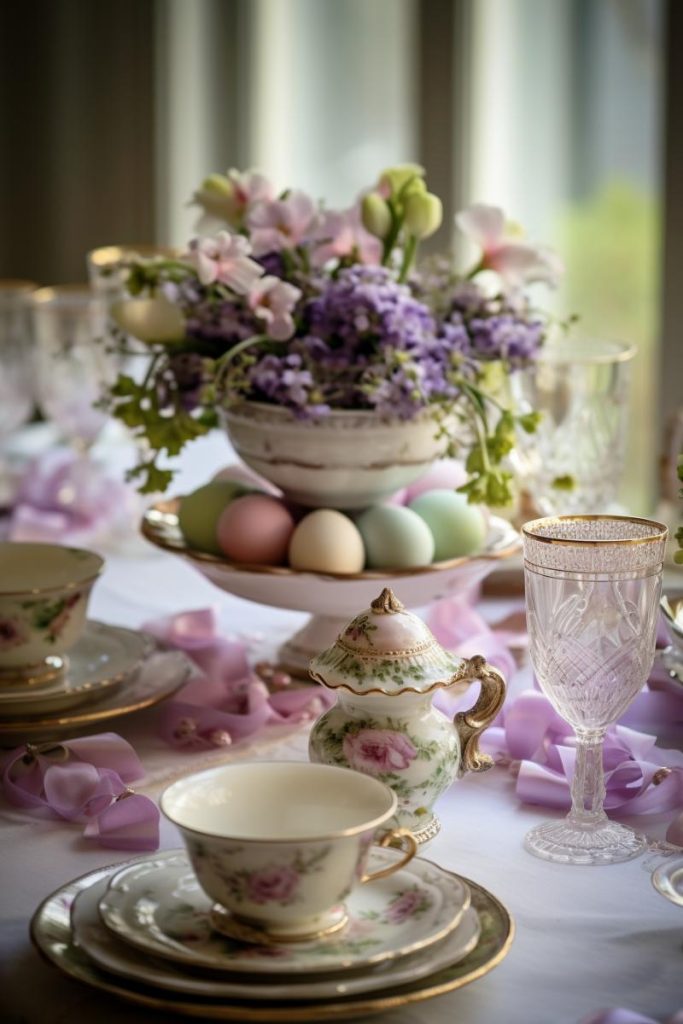 This table features a beautiful two-tier centerpiece with a ceramic bowl filled with flowers on a ceramic plate decorated with pastel Easter eggs.