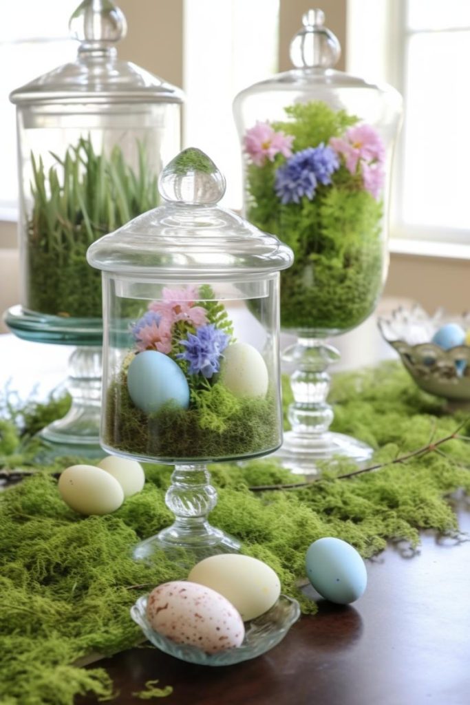 If you want a truly unique centerpiece, try using glass apothecary jars and filling them with vegetables, flowers, and Easter eggs.
