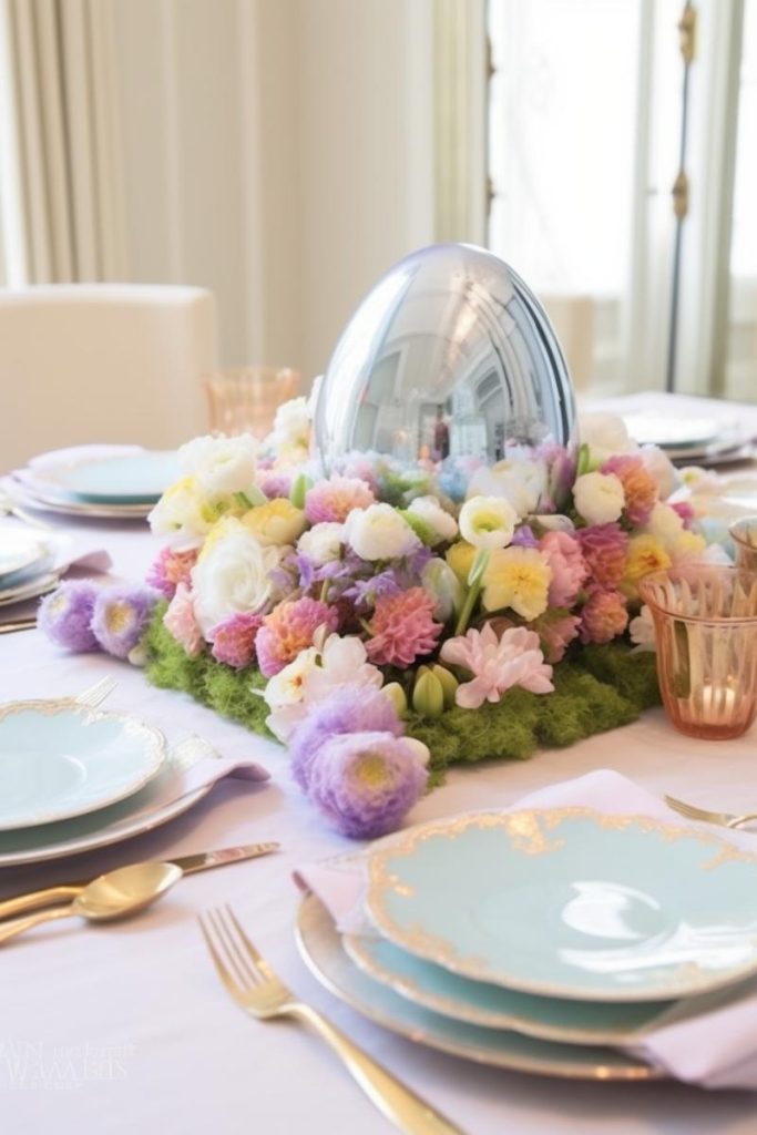 Make the most of your Easter decorations by adding a giant Easter egg to the center of your centerpiece, like this pretty moss and flower-covered piece with a large silver egg in the center.