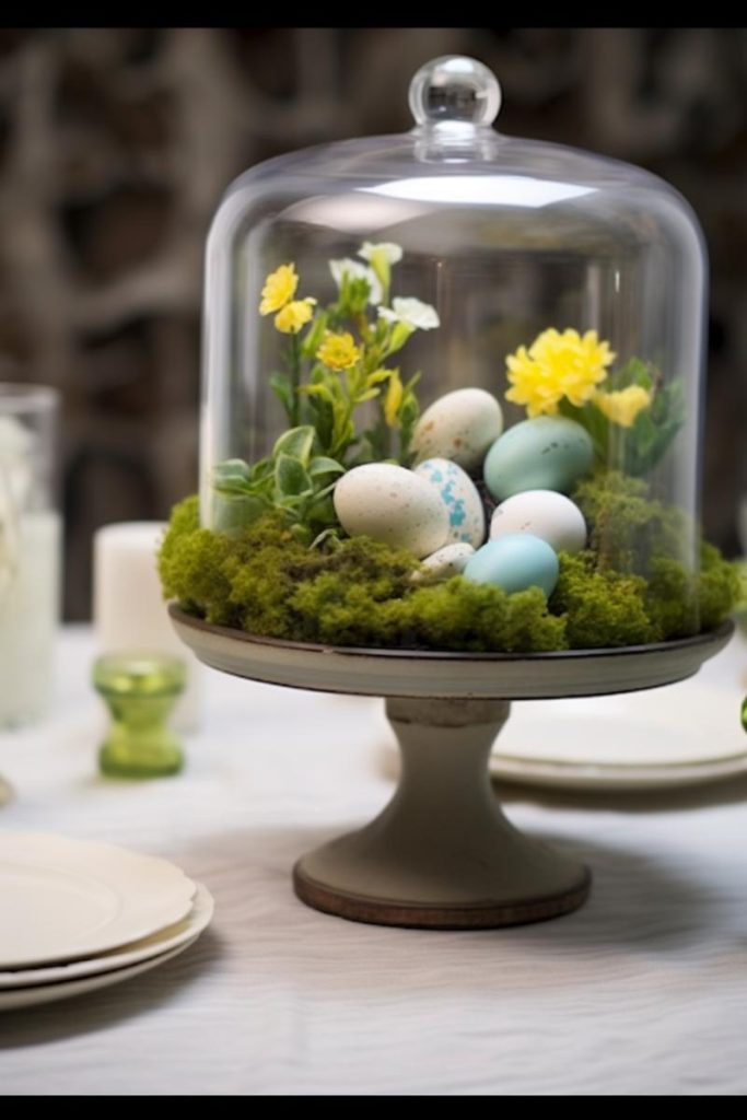 This beautiful idea consists of a cream cake topper covered with light moss, housing several colorful eggs and small flowers and covered with a glass dome.