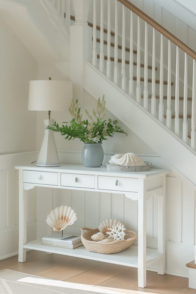 A white table with seashell accents displays a woven basket, a stack of books, a blue vase with fresh flowers, and a white lamp.