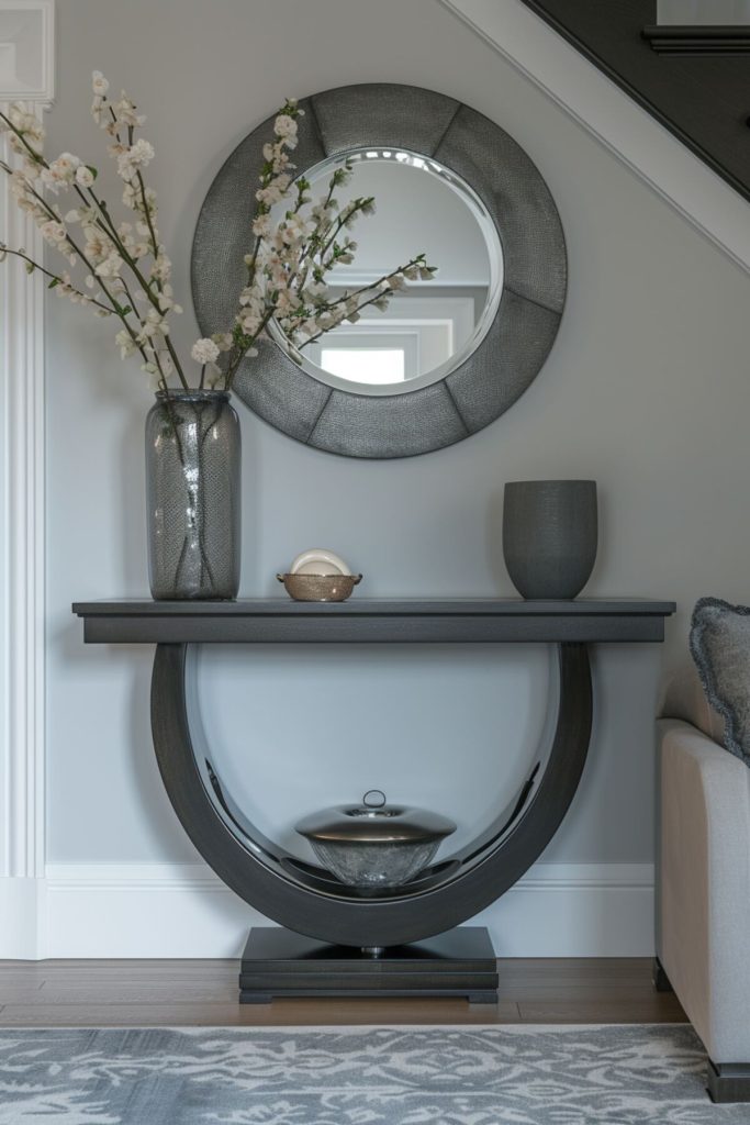 a large gray console table with a vase of tall branches filled with elegant faux blooms and an eye-catching gray mirror hanging above.