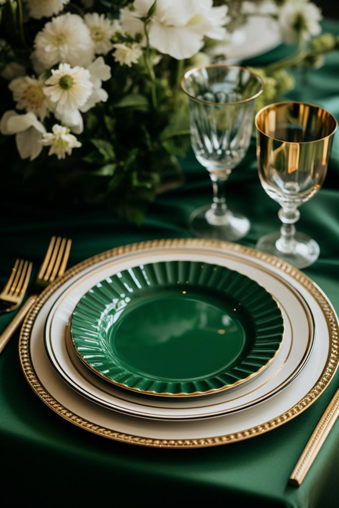 A tablescape that radiates elegance. This table setting features clear gold goblets and beautiful white flowers on a glossy green silk tablecloth.
