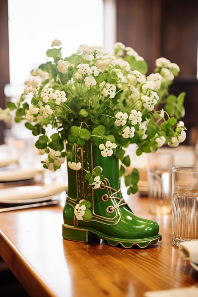The centerpiece of this dining table is a crazy vase shaped like a goblin boot with shiny gold accents.