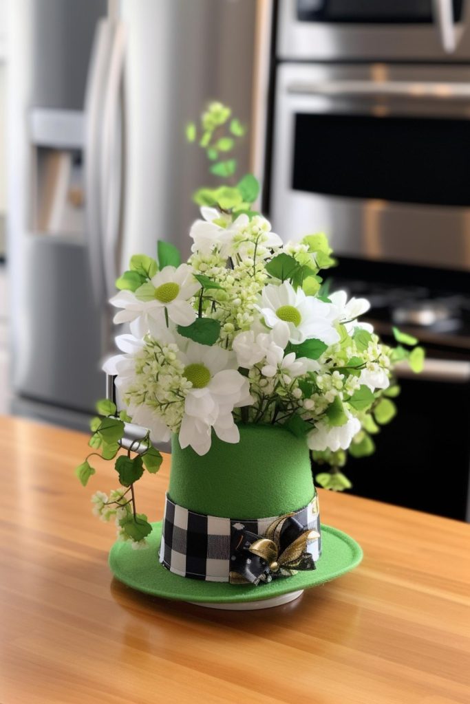 Covering a white flower vase with a DIY leprechaun top hat might be just the thing for you, especially if you want to channel your inner artist into your decor.