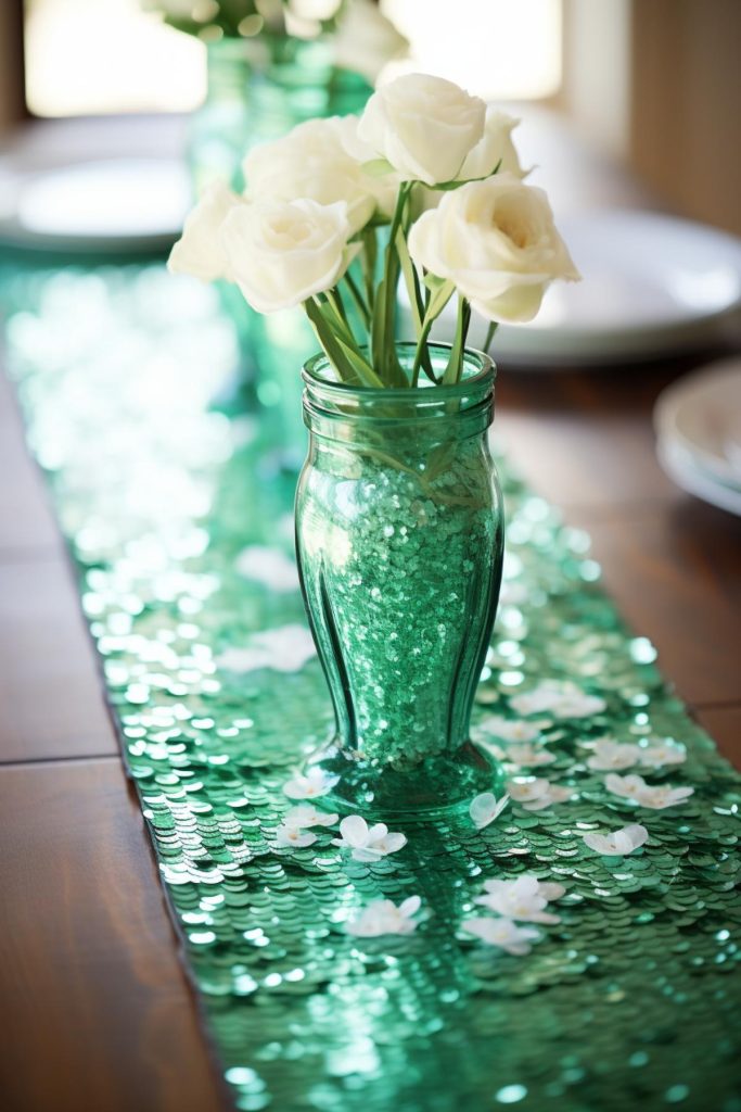 Surprise your guests with an emerald sequined table runner that will add a glittering, glamorous vibe to your wooden table.