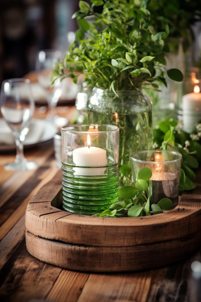 This repurposed whiskey barrel stave serves as a tray where lit candles, fresh greenery, and lush shamrock leaves take center stage.