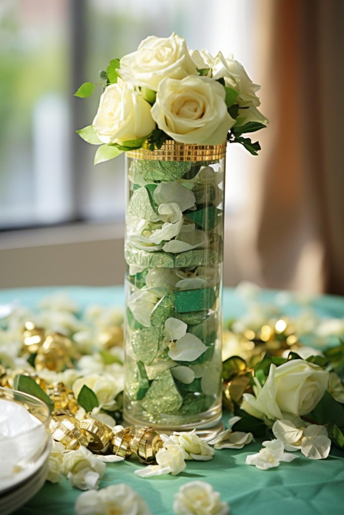 Decorative leaves – some mimicking the original, others glistening with sparkle – fill this clear glass vase to the brim, with white roses gently perched atop it.