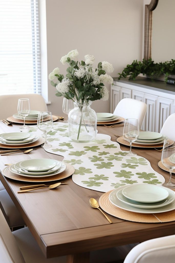 This wooden table offers space for a variety of decorative items: a white table runner with a shamrock print, a glass vase with gypsophila flowers, mint green plates and rattan placemats.