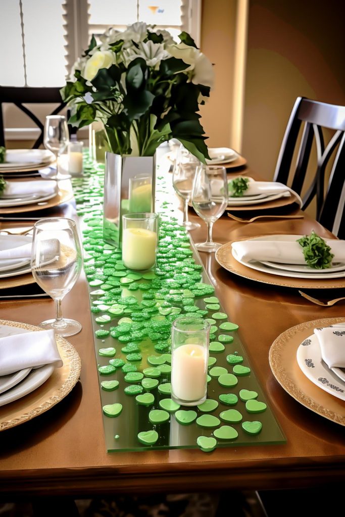 Green hearts dance across this dining table, mingling with candles and a vase full of large white flowers and bold green leaves.