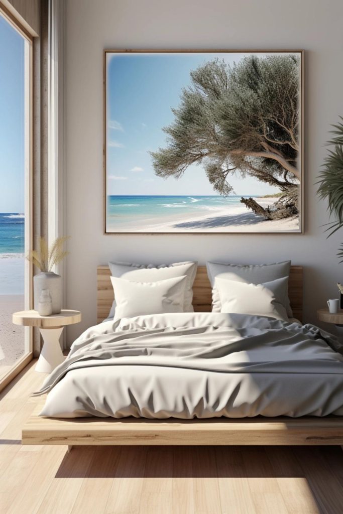The focal point of this coastal bedroom is a stunning snapshot of a majestic tree against white sand and azure waters. The photo is proudly displayed above a low bed, conveying a sense of calm.