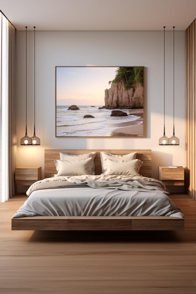 The dramatic sight of a cliffside beach, captured in a framed photo, dominates the space above the bed, drawing attention with its natural splendor.