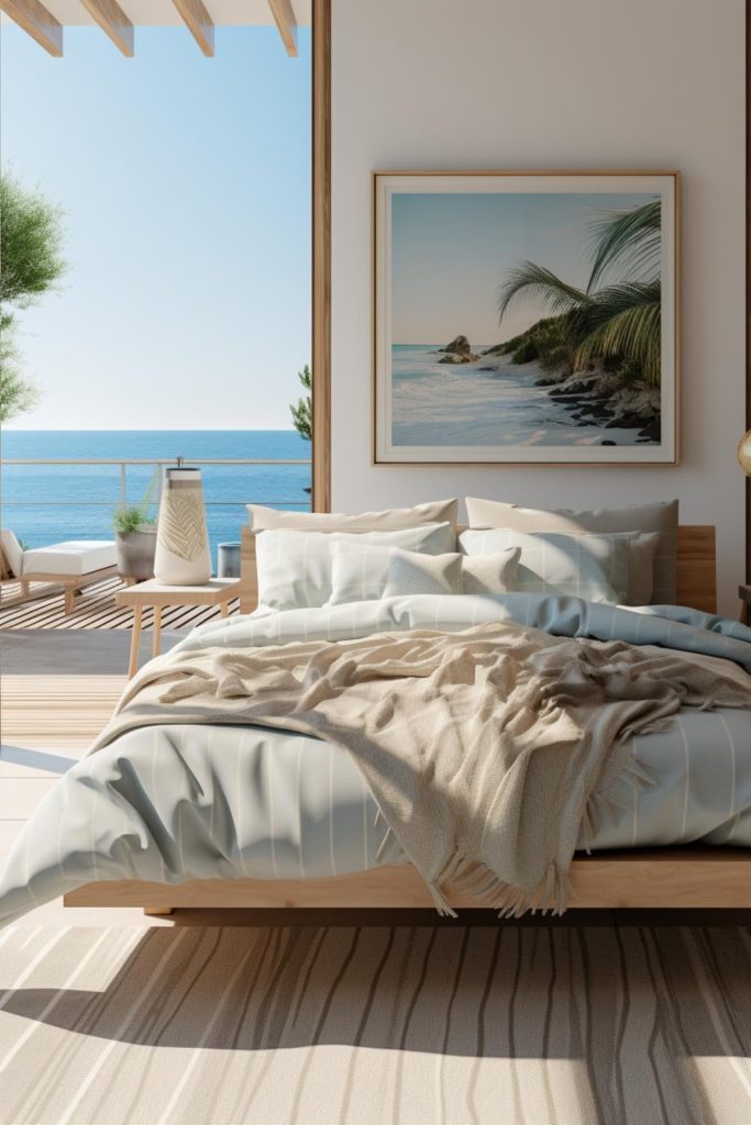 In a bedroom with floor-to-ceiling windows that offer breathtaking views of the ocean, it's best to opt for minimalist decor that doesn't overshadow nature's artistry.
