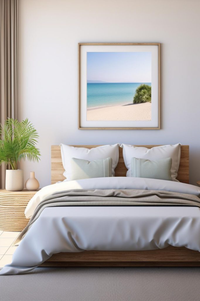 Light gray walls provide a muted backdrop in this coastal bedroom, where a rattan nightstand features a lush palm plant and a tasteful decorative vase.
