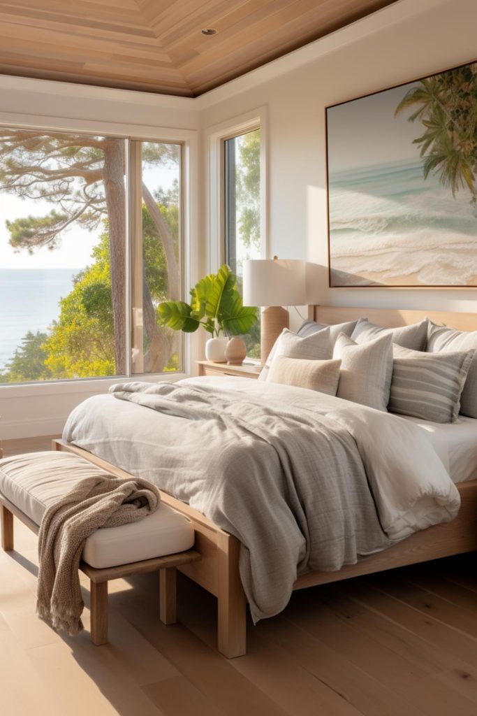 With large glass windows framing the outdoor beach scenery, the interior of this coastal bedroom keeps things cozy with a nightstand with a ficus plant and a warm brown lamp.