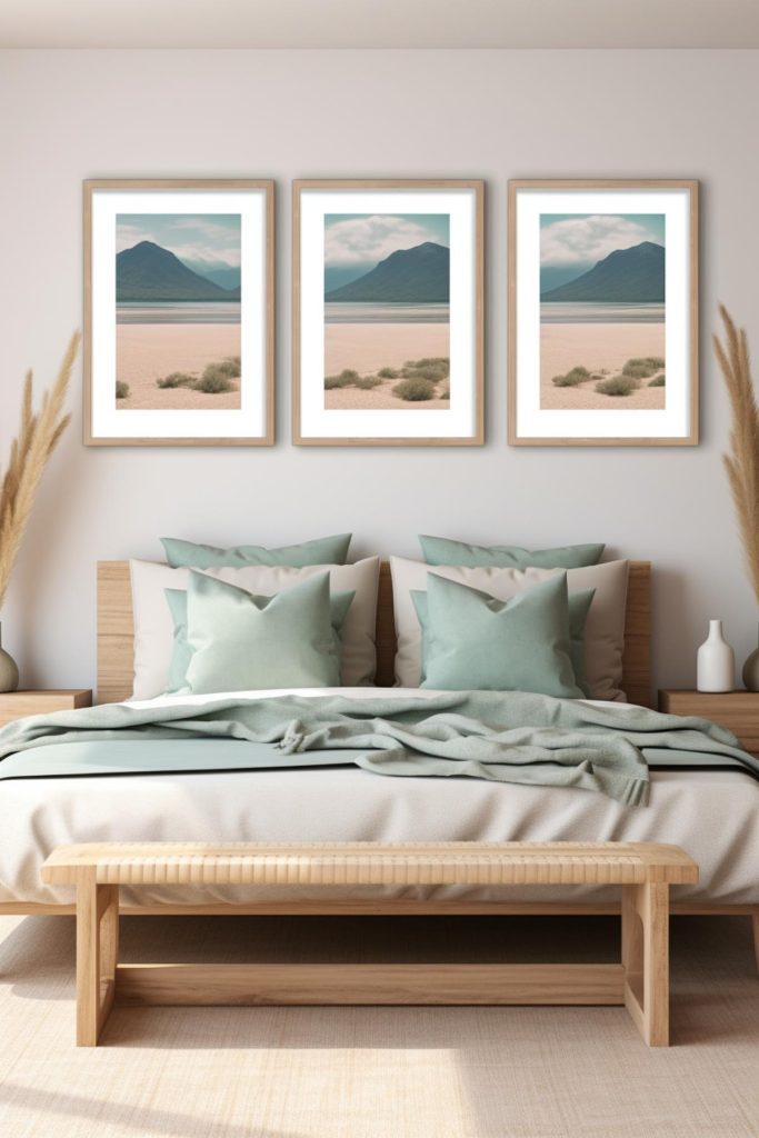 The end of this bed is adorned by a light wooden bench that anchors the room, while a collection of sunny landscape paintings above the bed add a touch of warmth.