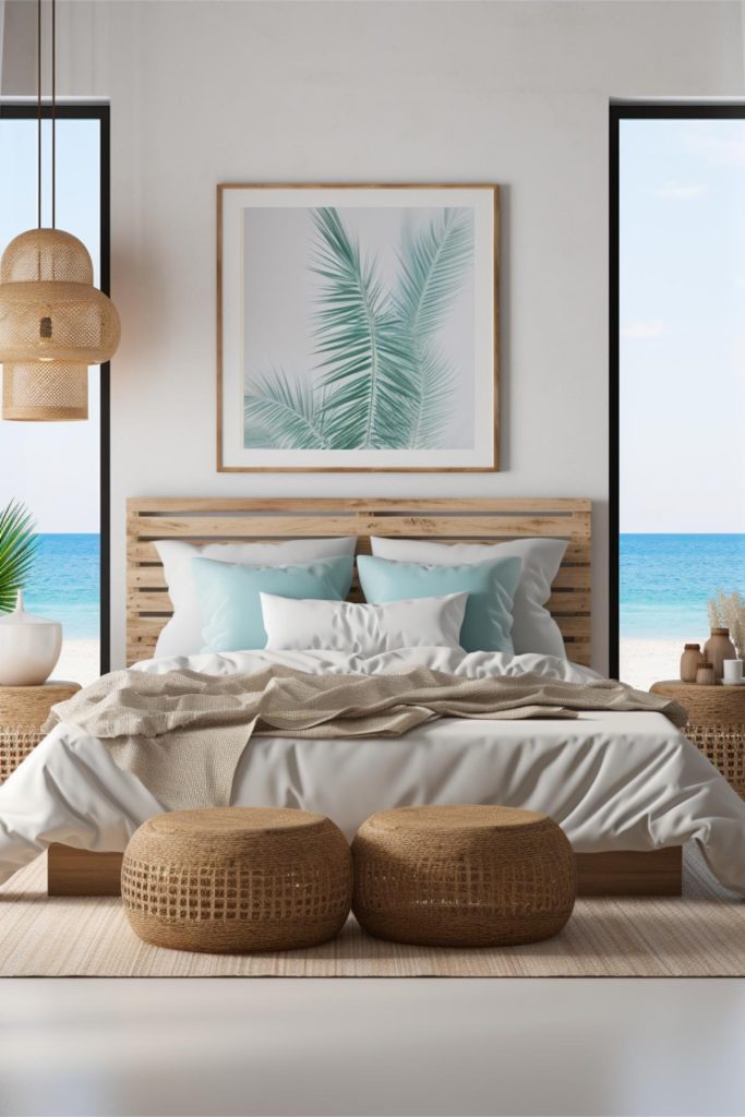 Enjoy the chic yet rustic look of rattan with stools and bedside tables, the latter adorned with beautiful decorative vases.