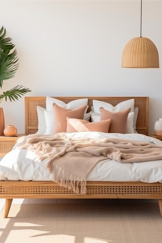 This bedroom's rattan bed pairs perfectly with the wood-framed rattan nightstands, which display decorative vases and a palm tree in a terracotta planter.