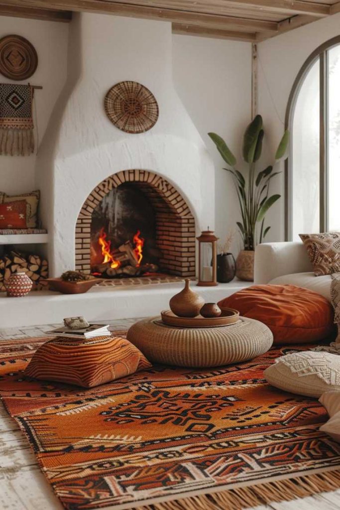 A cozy living room with a burning fireplace, patterned rugs, assorted pillows, a round coffee table with pottery and a large arched window letting in natural light. Plants and decor decorate the space.