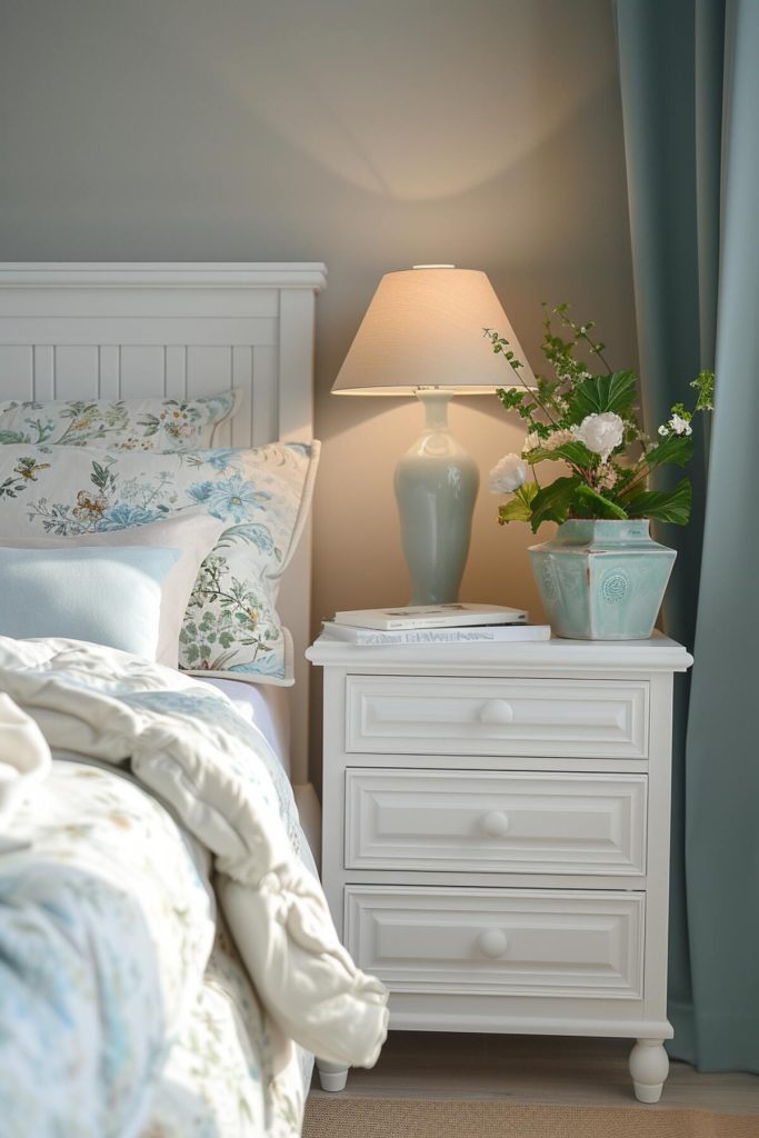 white bedside table with a vintage lamp on it, a few books and the cool bluish-green ceramic vase with white flowers