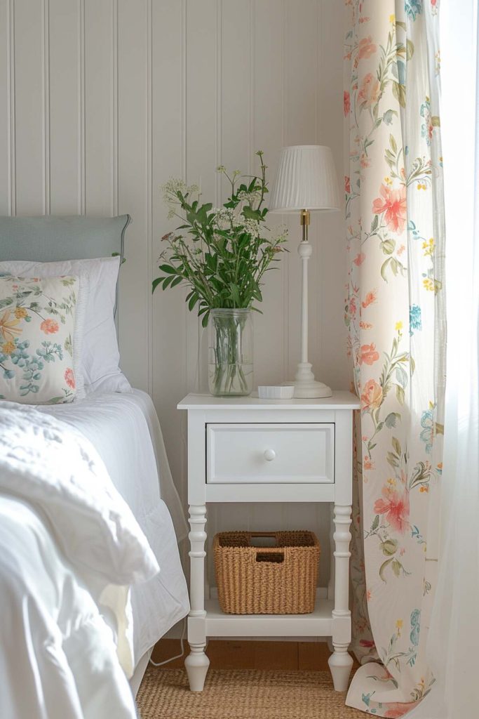 A white country-style bedside table with a slim traditional lamp, a vase of delicate gypsophila flowers and a practical wicker basket underneath