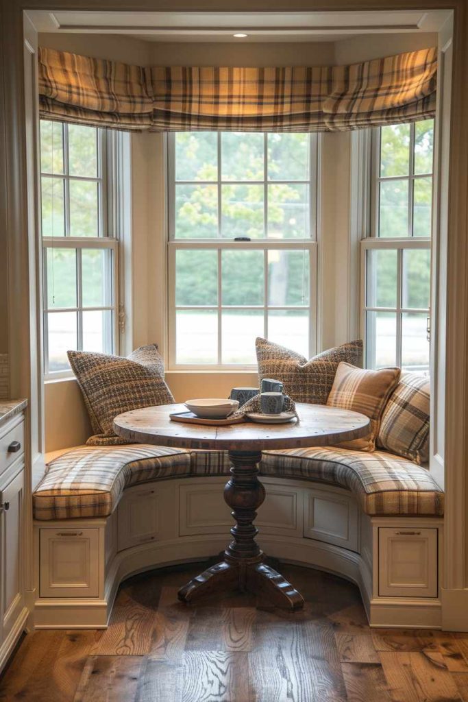 A cozy bay window corner with a round wooden table, upholstered benches and checkered cushions. Natural light comes through the windows and brightens the room.