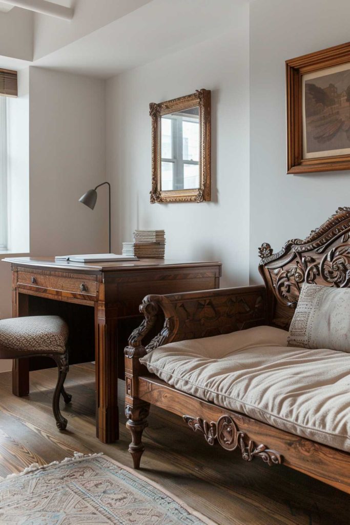 a home office with a regal daybed with wool cushions complemented by a stately wooden desk and an upholstered chair