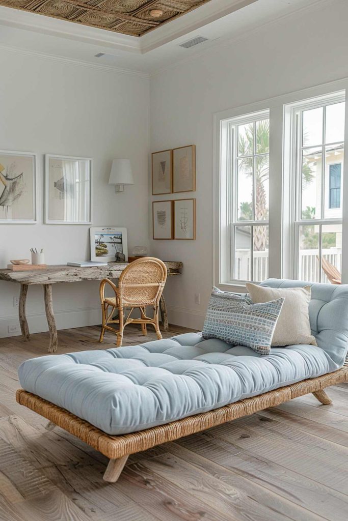 A home office with a rattan daybed and a tufted blue pillow