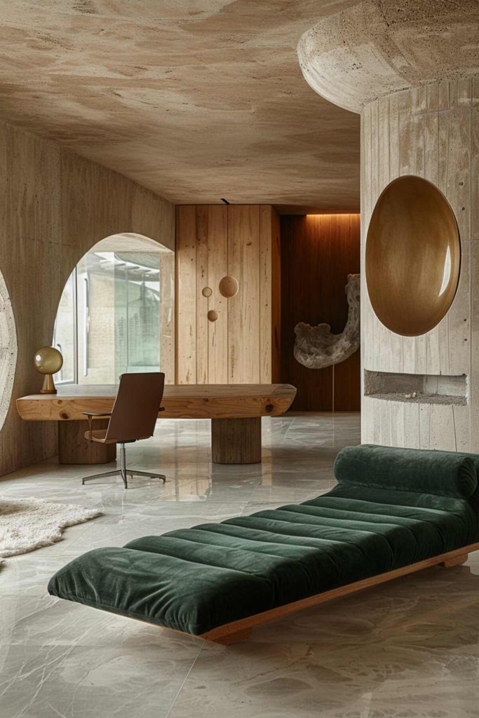 A magnificent office with an emerald green lounge-style daybed that adds a royal touch to the room