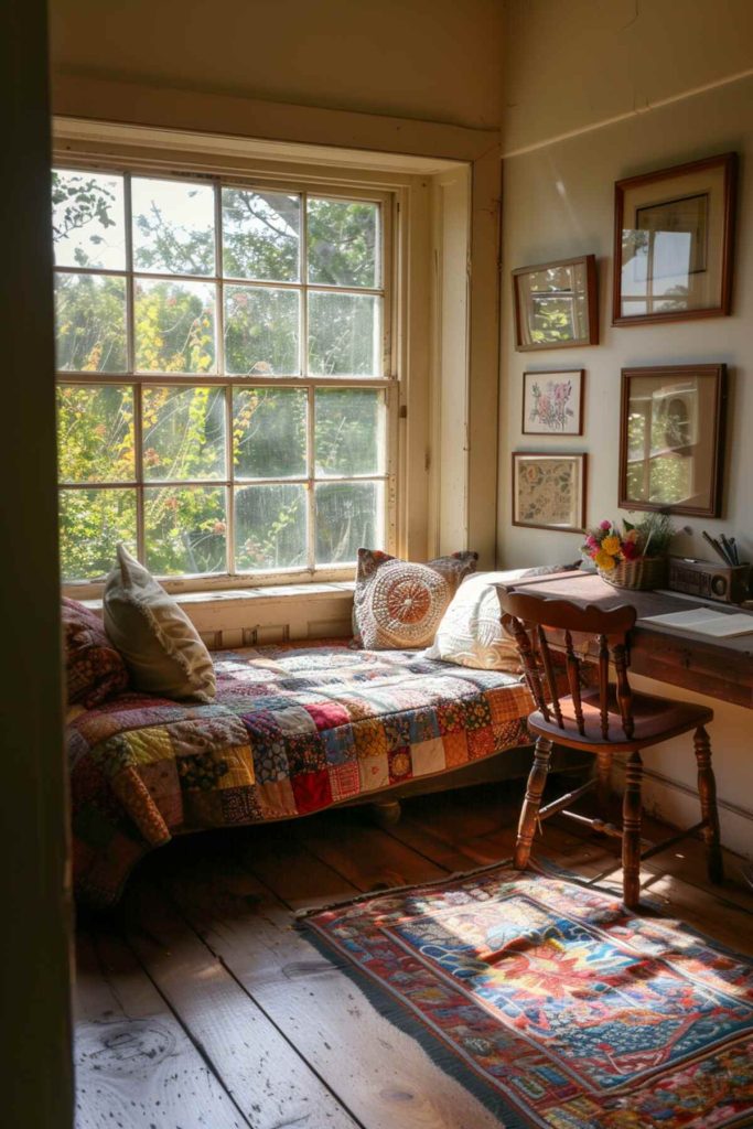 A home office with a day bed with quilt and soft pillows in radiant warmth