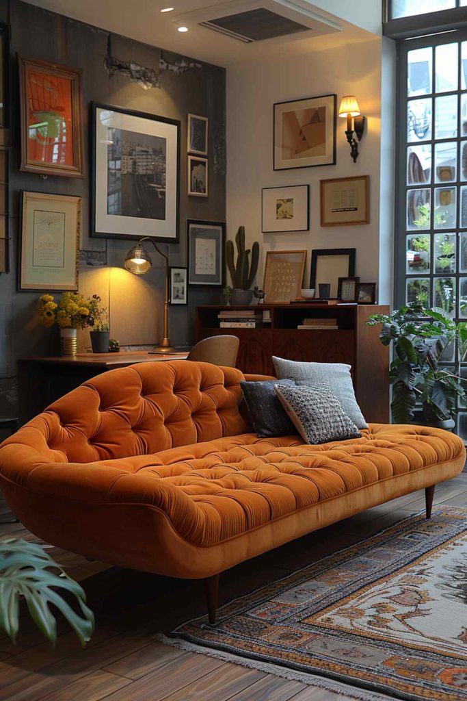 An office with a tufted chaise lounge-style daybed in a rich brownish-orange hue