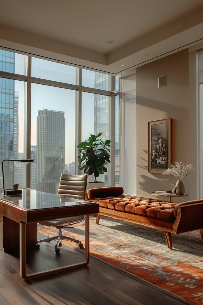 An office with a daybed with brown velvet upholstery next to a glass-topped desk and a ribbed chair