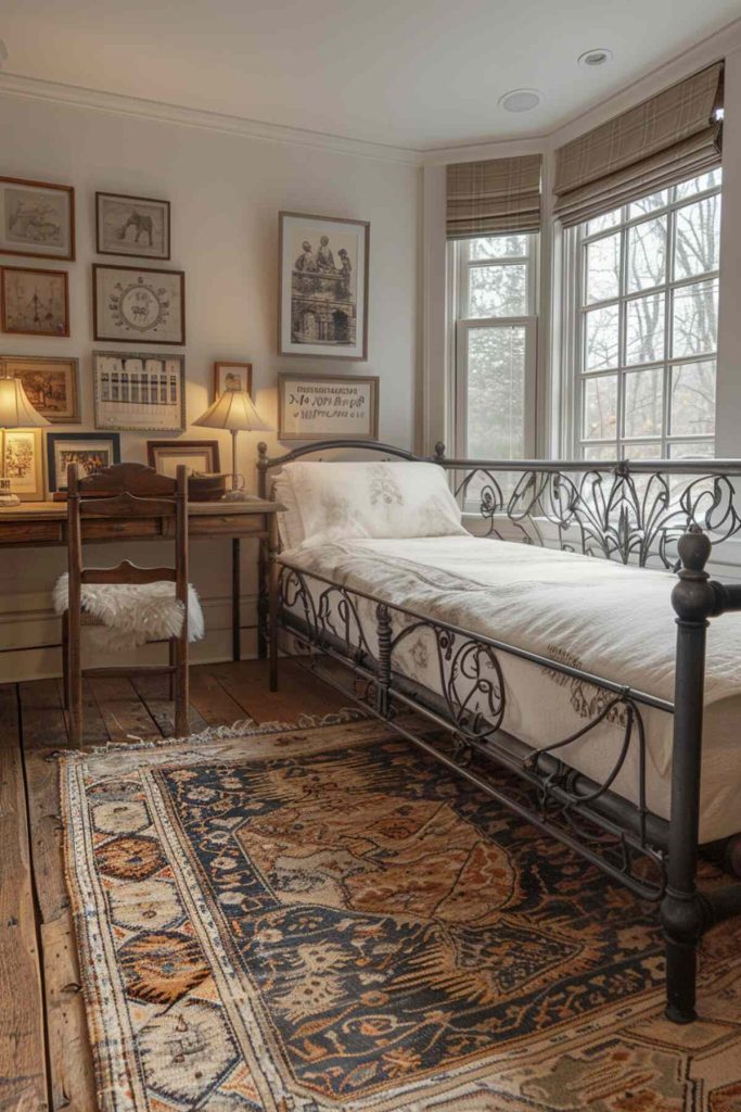 A traditional home office can be accessorized with an ornate metal daybed decorated with bedding with subtle floral patterns