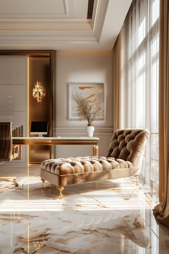 A luxury home office with a daybed with tan velvet upholstery, gold desk and chair, gold wall sconces, modern abstract art and marble flooring