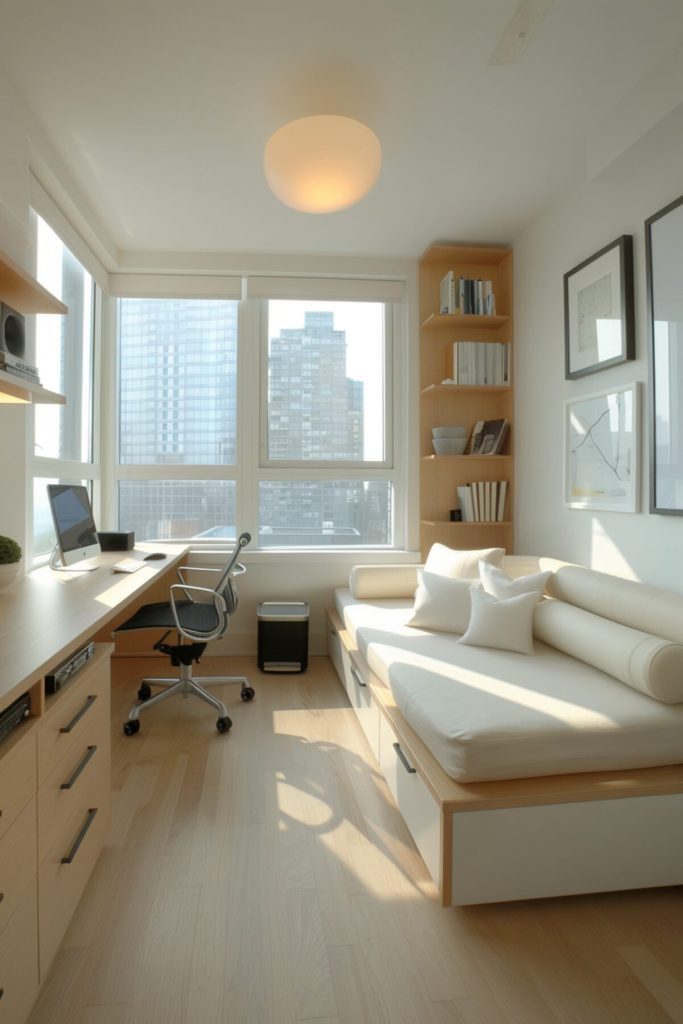 a home office with a daybed that features convenient drawers and a simple white pillow